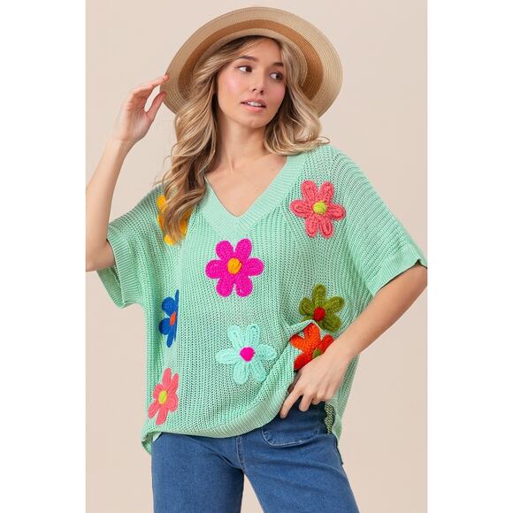 BiBi Flower Patches Dolman Sleeves V-Neck Lightweight Relaxed Fit Sweater | Sage - Picture 7 of 8